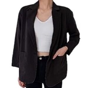 New Crescent Women’s Casual Linen Oversized Black Blazer Lined LS Pockets Sz MED